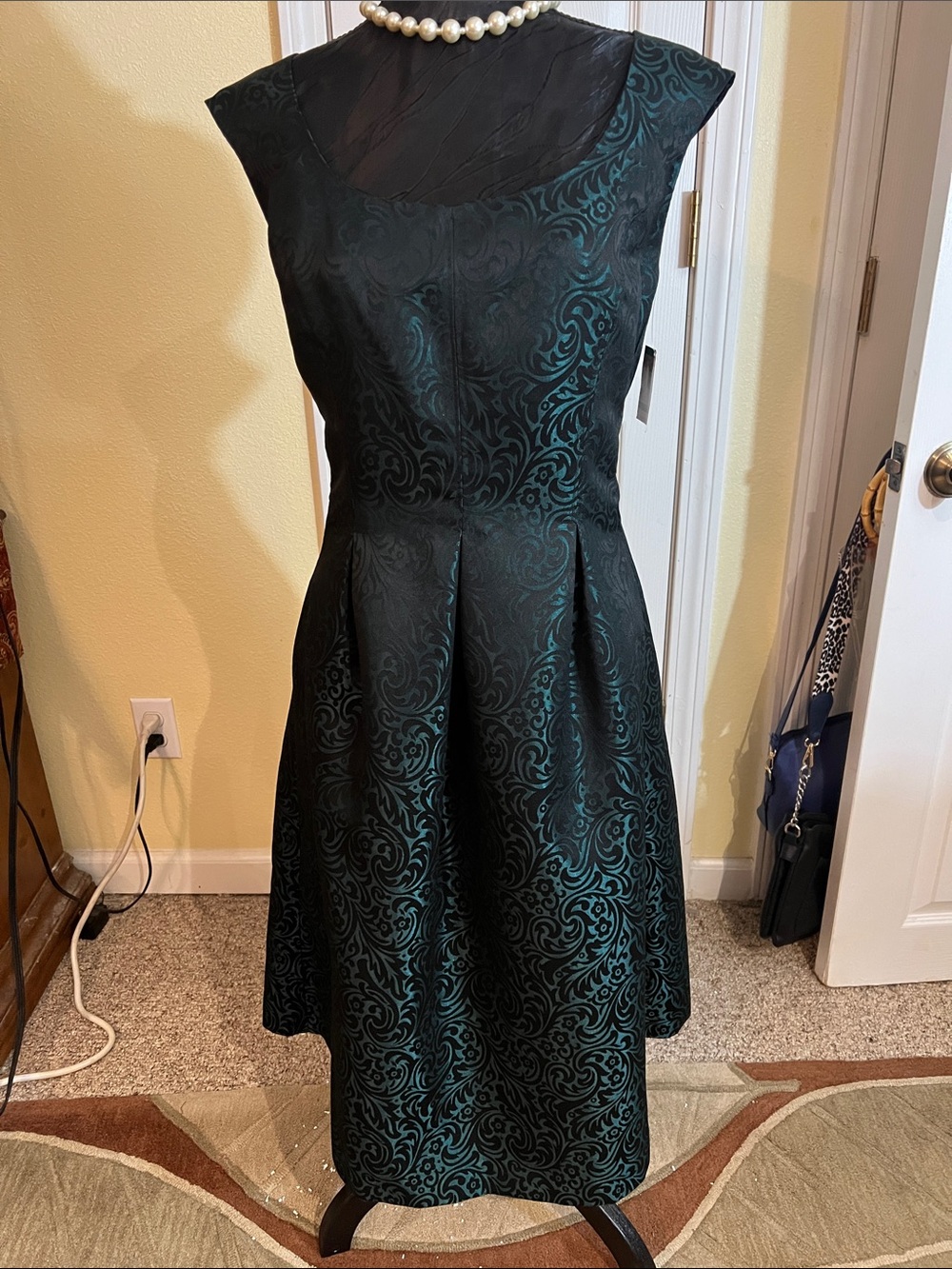 Kasper Teal and Black Brocade Fit-and-Flare Midi Dress